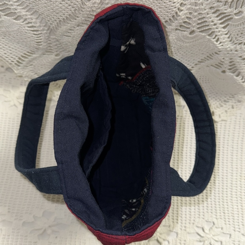 BOHO Fabric Reversible Mini Tote Bag Pockets Dual Handle Travel Folds Red Blue - Picture 9 of 14